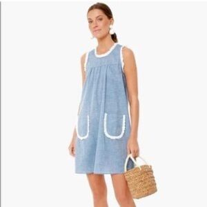 Tuckernuck chambray Lotte Dress with White Lace Trim